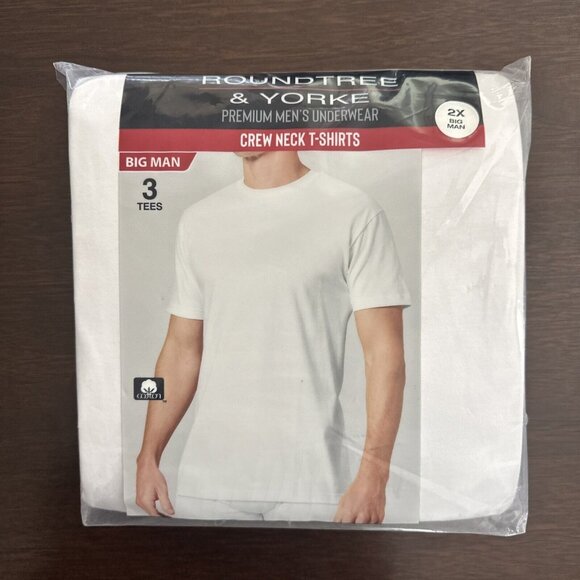 Roundtree & Yorke Men's Big & Tall 2XB White 3 Pack Crew Neck Cotton T-Shirts - Picture 1 of 8